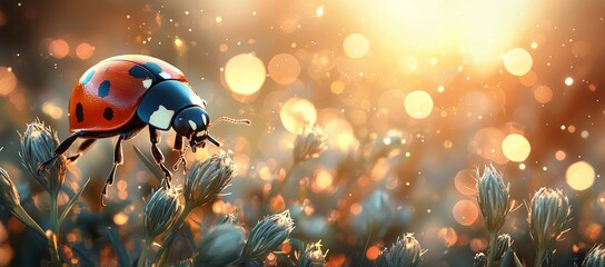 Ladybug on flower in sunset bokeh.