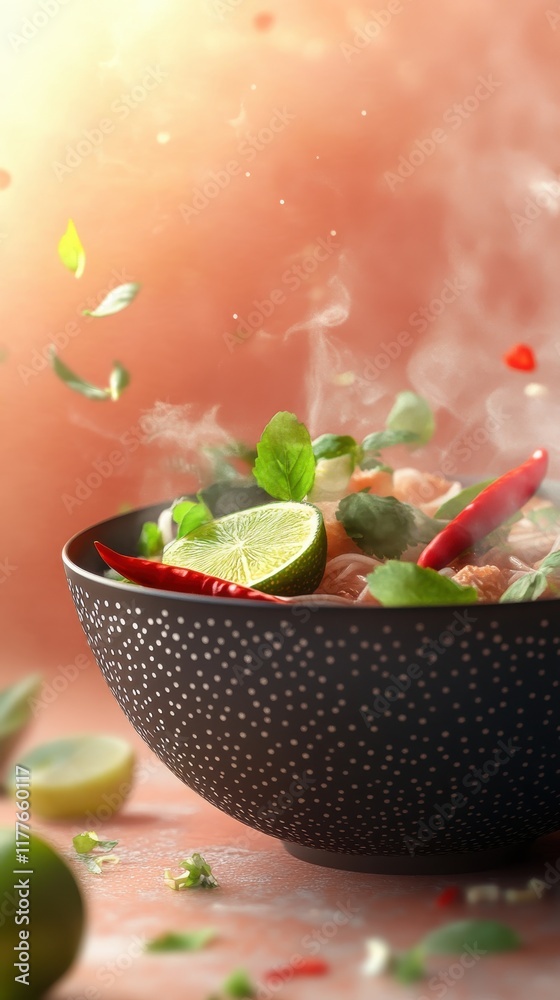 Poster steaming bowl of aromatic soup with fresh herbs and lime against a vibrant background
