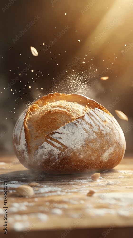 Poster rustic loaf of bread captured in a close-up shot with a warm, golden glow highlighting its texture a