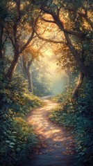 Strolling along a winding pathway through a serene forest at dawn with soft light filtering through lush trees