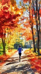 Candid shot of a person jogging along a vibrant autumn trail surrounded by colorful falling leaves