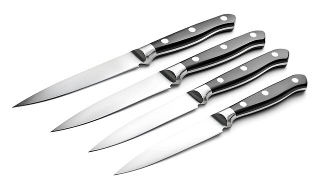 Four knives are shown, all of which are silver and black