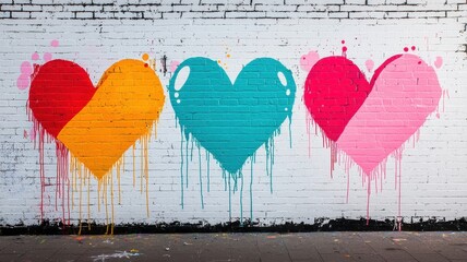 Valentine's street art mural with graffiti-style hearts, bold colors, and urban grunge textures,...