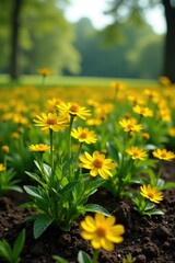 Obraz premium A field of bright yellow cornflowers growing in a dark fertile soil, botanical, cornflowers