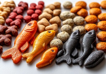 Colorful Fish-Shaped Pet Treats and Crunchy Kibble