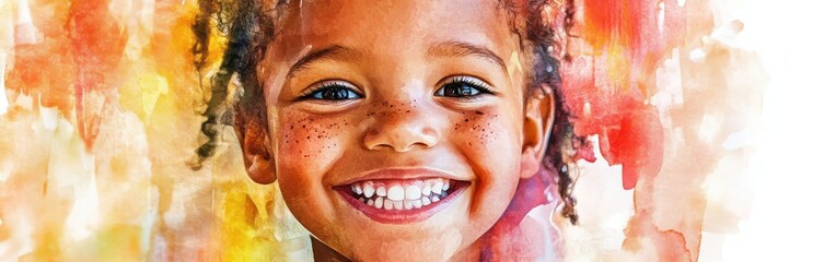 Smiling child with freckles and curly hair on a vibrant watercolor background in a joyful setting