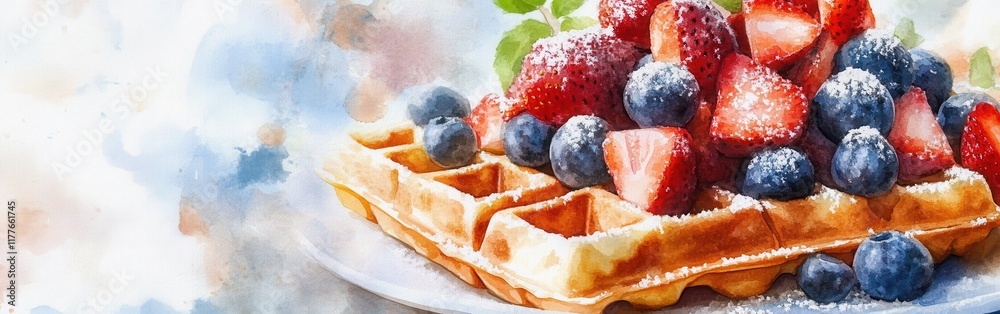 Aufkleber Delightful close-up of a waffle topped with fresh strawberries and blueberries arranged on a watercolor background