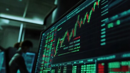 Obraz premium Dynamic Stock Market Data Visualization with Green and Red Candlestick Charts and Financial Ticker Stream in Modern Trading Room Environment