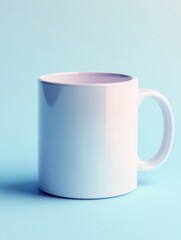 Obraz premium Simple white coffee mug on a light blue background showcasing its smooth surface and clean design