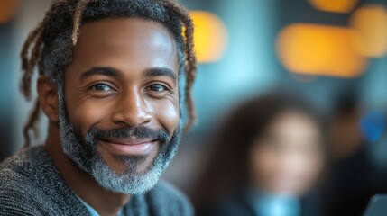 Smiling man with gray beard and dreadlocks seated at a vibrant cafe, enjoying conversation and atmosphere in a bustling urban setting