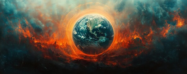 Dramatic Global Catastrophe with Flames Surrounding Earth