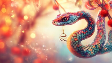 Obraz premium Cheerful snake with colorful scales, holding a 