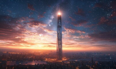 Stunning Night Skyline with Tower Amidst Colorful Sunset Reflections