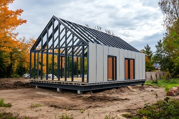 Obraz premium Construction of a new residential house on blue sky background