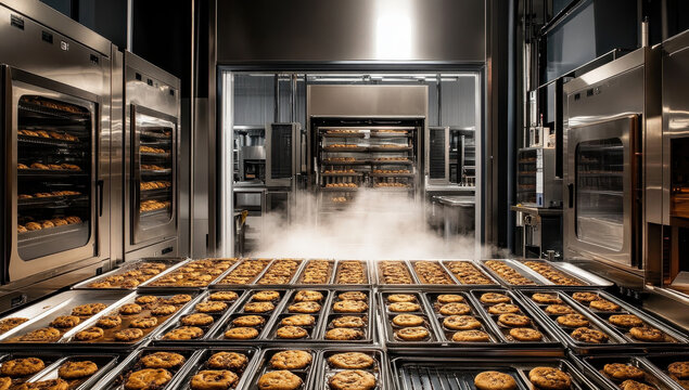 Freshly baked cookies cooling in modern bakery with steam rising
