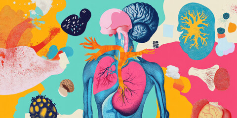 Obraz premium A Vibrant and Colorful Anatomical Illustration Depicting the Human Body and Various Cells