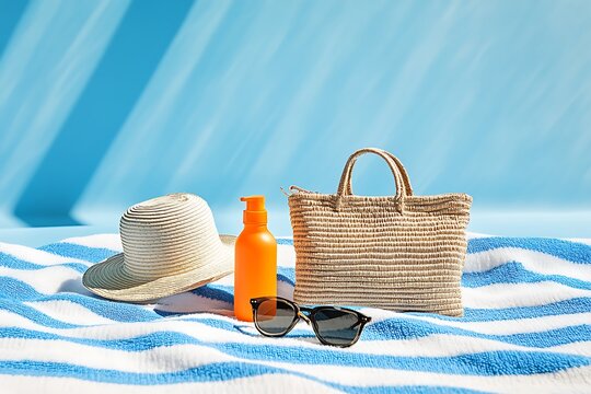 A straw bag lies on the beach towel, sunglasses lie next to it, summer background