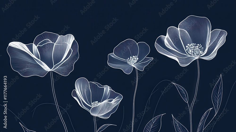 Poster Simplistic silver flower outlines on a rich dark background creating a striking artistic display
