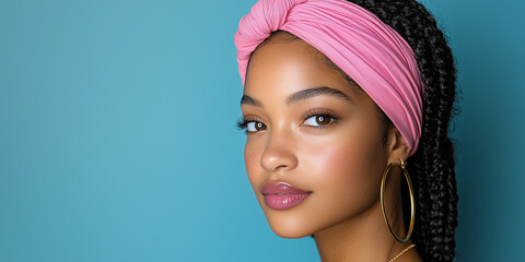 A portrait of a young woman with braided hair, wearing a pink headband and large gold hoop earrings against a solid light blue background.