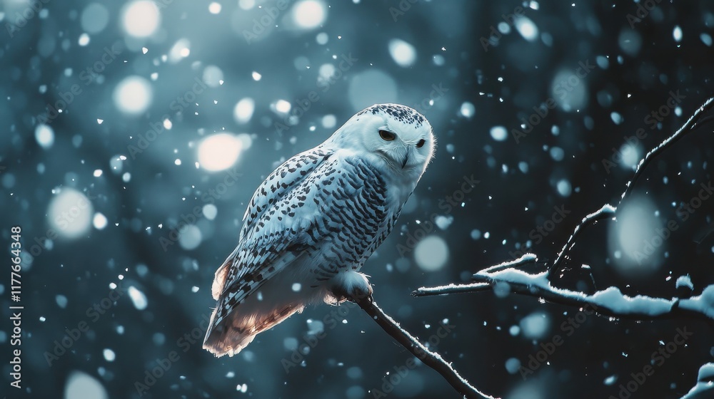 Aufkleber snowy owl perched on a branch amidst falling snowflakes in a winter forest setting