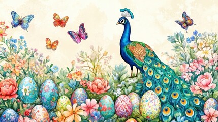 Fototapeta premium Peacock amidst colorful Easter eggs and butterflies