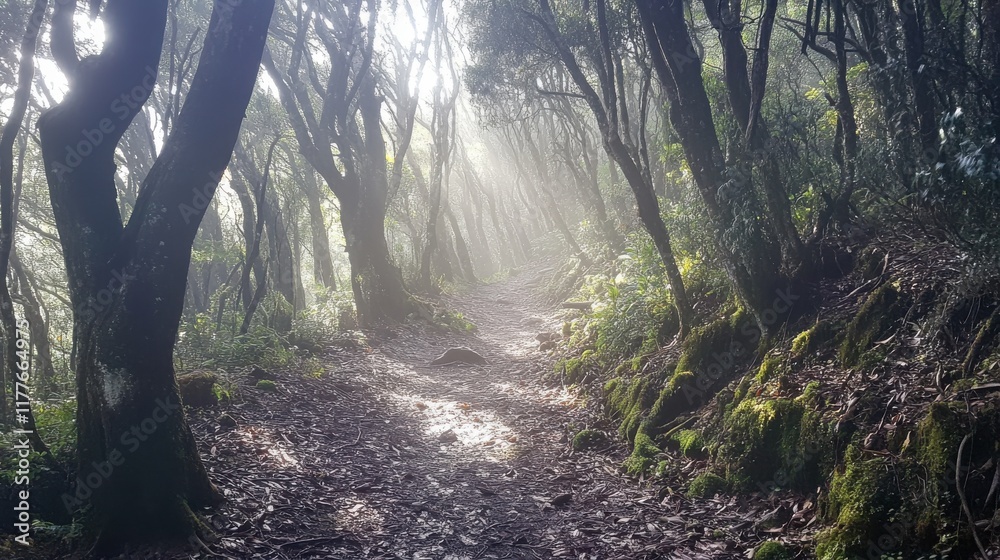 Poster Exploring a tranquil forest path illuminated by soft sunlight filtering through trees