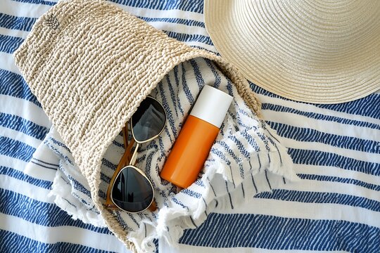 A straw bag lies on the beach towel, sunglasses lie next to it, summer background
