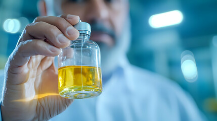 Scientist inspecting yellow liquid vial in lab;  research, development, medicine, science, technology, background blurred