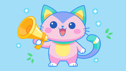 Cute Cartoon Cat with Megaphone in Pastel Colors – Fun and Playful Illustration