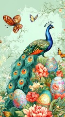 Peacock Feathers Easter Eggs Springtime Butterflies Flowers