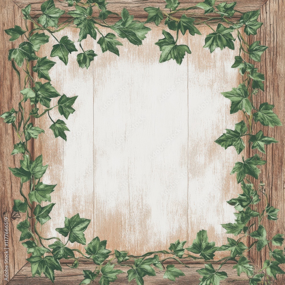 Poster rustic wood grain background with green ivy border creating a natural and warm atmosphere for design