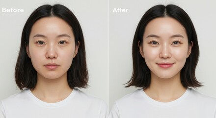 メイクアップ前後比較：すっぴんから美肌への変化、アジア人女性のビフォアフター