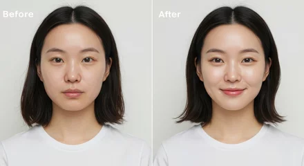 メイクアップ前後比較：すっぴんから美肌への変化、アジア人女性のビフォアフター