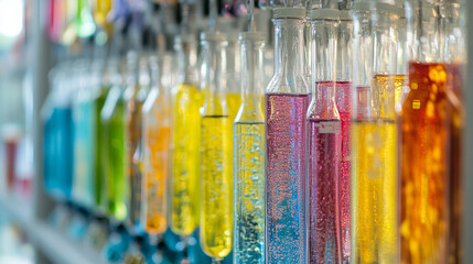 Laboratory glassware with liquids of different colors