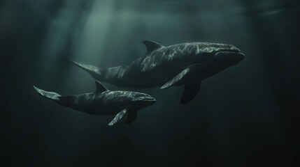 Fototapeta premium Majestic Orcas Swimming Together in the Ocean, Highlighted by Light Filtering Through the Water
