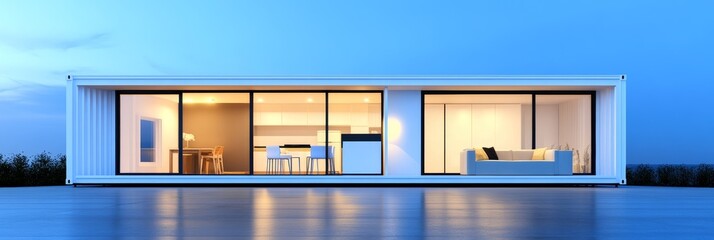 Modern Container Home Design - Sustainable living, minimalist architecture, spacious interior, evening ambiance, sleek design.