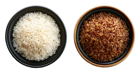 Jasmine rice and brown rice in plate isolated on transparent background