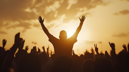 Hindu Devotees at Sunset, silhouettes of worshippers against a vibrant sunset, capturing a moment of spiritual connection and cultural devotion.