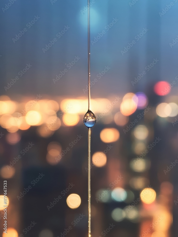 Poster close-up of a raindrop on a windowpane against a blurred city skyline at twilight