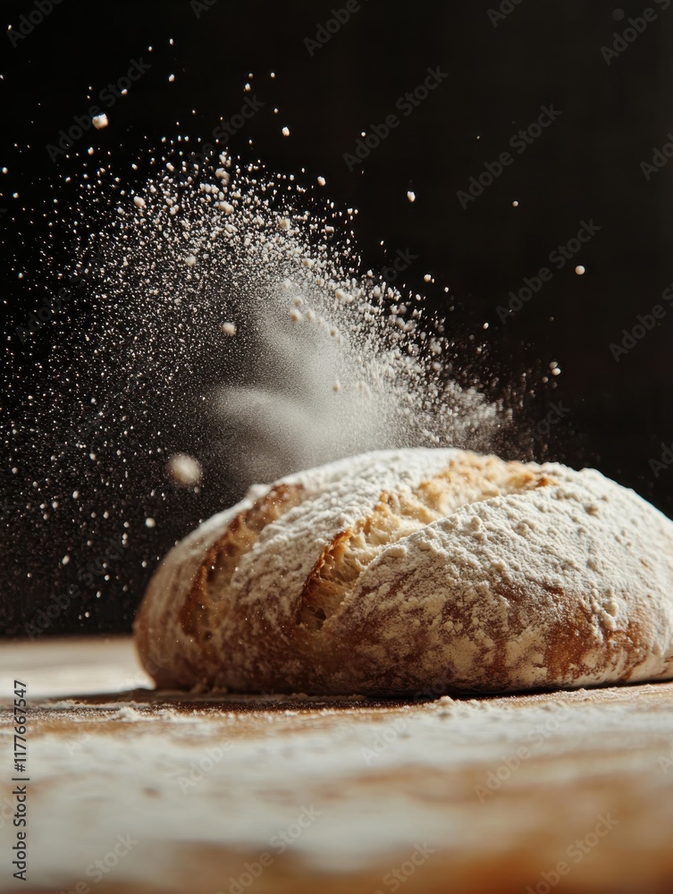 Poster rustic loaf of bread dusted with flour on a wooden surface showcasing artisanal baking techniques