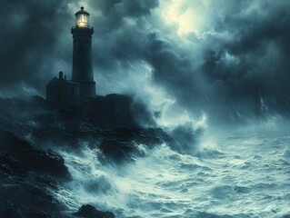 Solitary Lighthouse Guarding Dramatic Stormy Seascape at Rugged Coastal Promontory