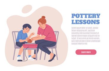 Vector illustration of a poster with characters molding clay pottery on a pottery wheel.