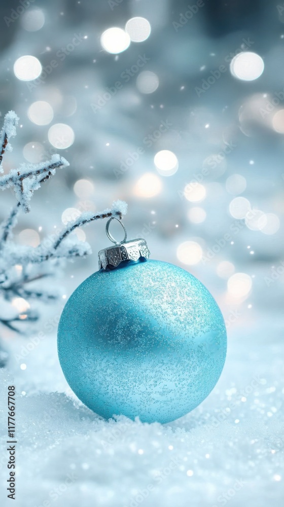 Poster vibrant turquoise ornament resting on snow with sparkling lights in the background