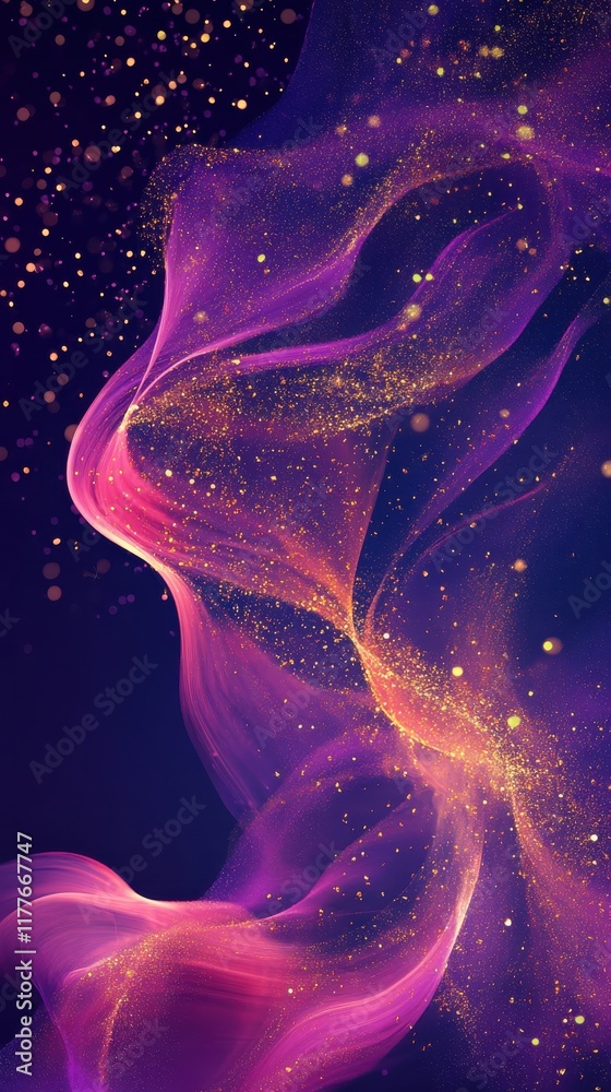 Fototapete Bright fuchsia and golden sparkles creating a captivating abstract design with magical swirls and shimmering effects