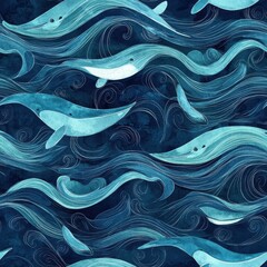 Obraz premium Intricate doodle of whales swimming through swirling ocean waves in a vibrant underwater scene