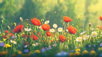 Obraz premium Colors of spring bloom in a vibrant field filled with wildflowers under soft sunlight
