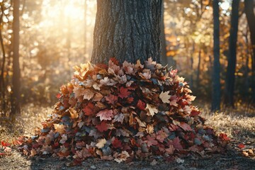 Obraz premium Autumn leaves piled high at the base of a tree trunk in a sunlit forest.