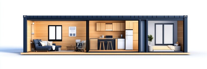 Modern Container Home Design - Compact living, efficient space, sustainable design, minimalist aesthetic, comfortable interiors.