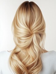 Naklejka premium Elegant long wavy hairstyle with subtle highlights styled for a chic look on a model against a plain background