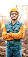A man wearing a green and orange jacket and a hard hat is smiling